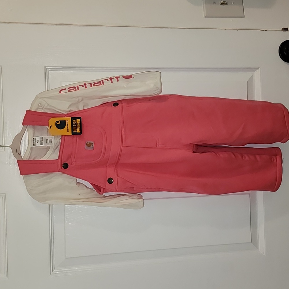 Pink Carhartt Bibs 24 months with onesie